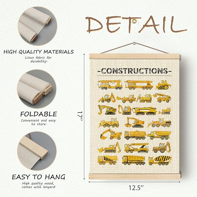 HKTZM Constructions Excavators Wall Decor, Constructions Nursery Wall Art With Wooden Poster Hanger, Transport Posters Walls Decoration for Kids Boys Room Nursery Playroom, 12x16 Inch Set of 2