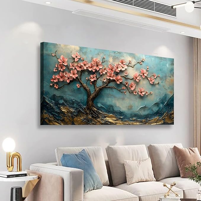 Tree of Life Pink Flowers and Golden Trees Pictures Canvas Wall Art for Living room Office Bedroom Teal Mountain Abstract Wall Decor Art Print Paintings Modern Plum Blossom Artwork -20x40inch