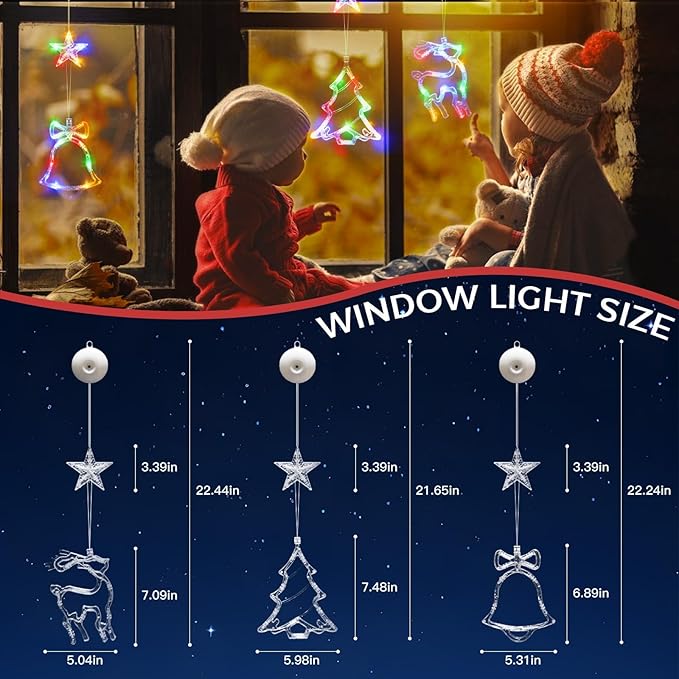 suddus Christmas Window Lights Decorations, 3Pcs Tree-Jingle Bell-Deer Shaped Xmas Lights Battery Powered with Suction Cups & Timer, Hanging String Lights Indoor for Tree, Fireplace, Multicolor