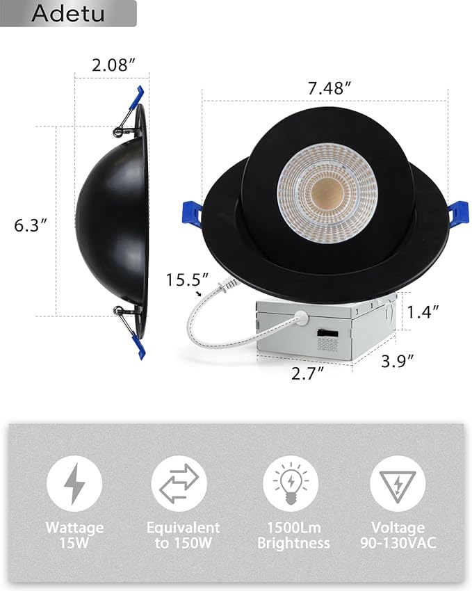 Adetu Recessed Lighting 6 inch, 360°+90° Adjustable Directional 6 inch 5CCT Gimbal Black Led Recessed Lighting, 2700K-5000K Dimmable Retrofit Eyeball Can Recessed Lights with Jbox, ET,Black (6 Pack