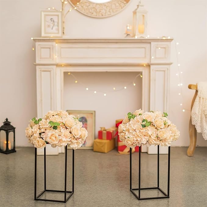 Sziqiqi Wedding Centerpieces Vase for Tables with Plates - 2 Pcs Metal Column Geometric Flower Stand 15.7in Black Flower Display Rack Decorations for T-Stage Reception Party Fiesta Event Home