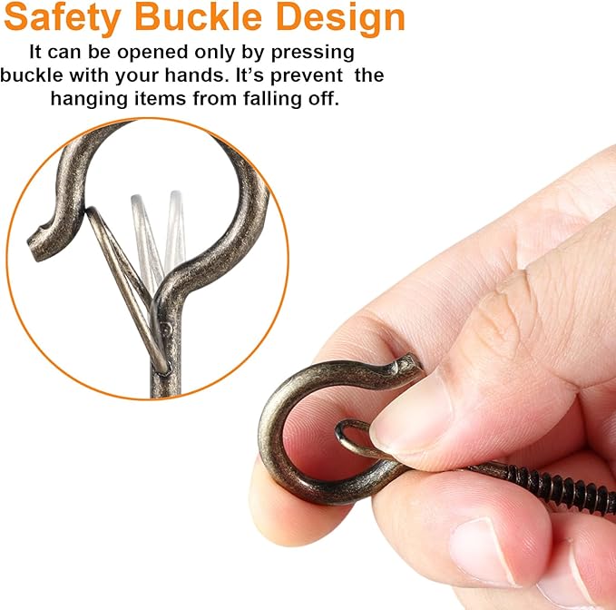 12 PCS Q-Hanger Hooks, Screw Hooks for Outdoor String Lights, Safety Buckle Design Cup Eye Hook for Hanging Christmas Lights, Plants, Wind Chimes, Mounted on Wall Ceiling, Windproof, Copper