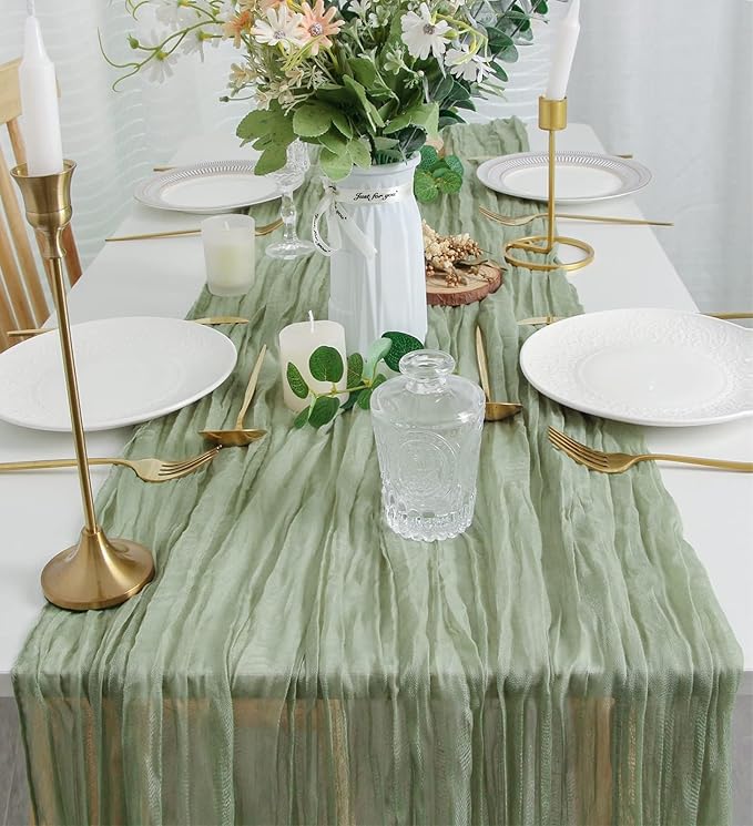 FEXIA 4 Pack Baby Shower Decoration Table Runner 35x120 Inches Sage Green Gauze Rustic Table Runner for Wedding Party First Communion Centerpiece Engagement Bridal Shower Boho Decoration