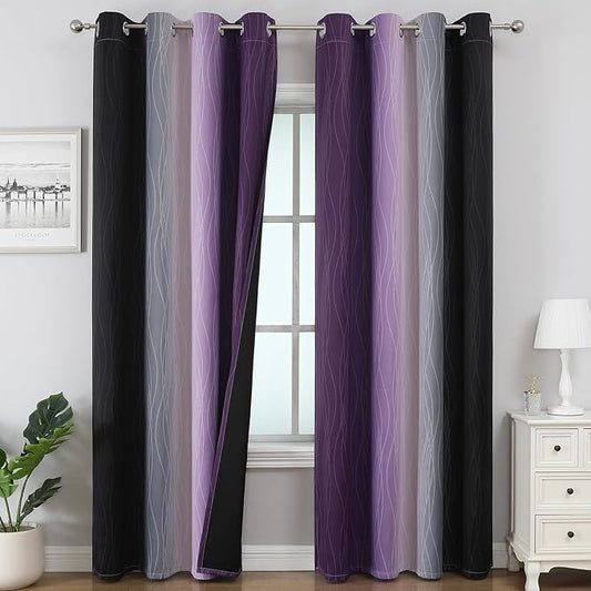 Estelar Textiler Black and Purple Ombre Blackout Curtains for Bedroom, Thermal Insulated Gradient Blackout Drapes, Full Room Darkening Energy Saving Curtains for Living Room, 52Wx96L, 2 Panels