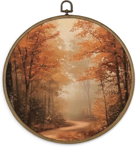 Gnmduw Rustic Fall Wall Art Framed, Fall Pictures Wall Decor, Vintage Autumn Landscape Round Hanging Wall Decor, Moody Halloween Canvas Prints Art for Living Room Bathroom Gallery Bedroom, 10x10 Inch