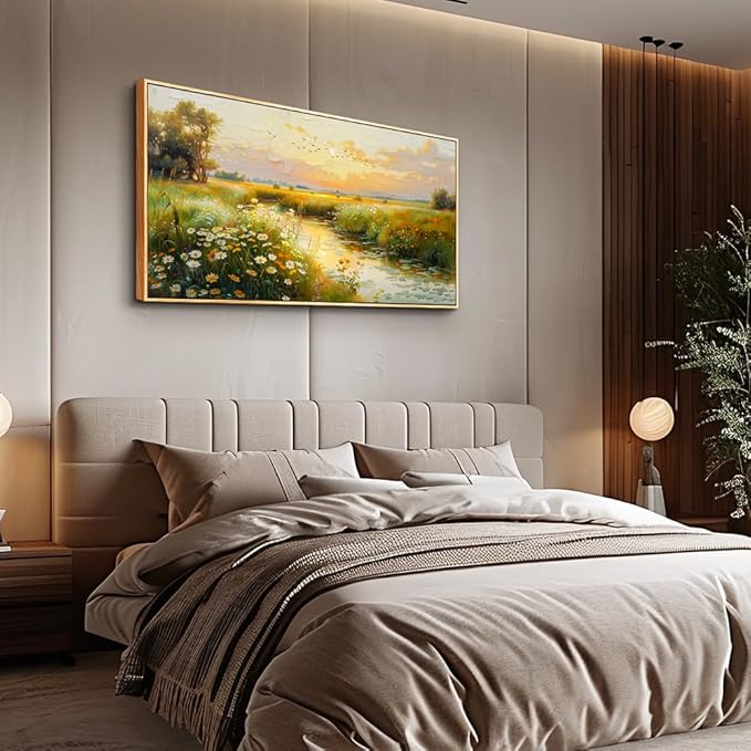 ZUITINGHUA Wood Framed Canvas Wall Art For Living Room Wall Decor For Bedroom Office Wall Decoration Pastoral Scenery Painting Water edge Pictures Artwork Room Aesthetic Home Decor 20x40 In