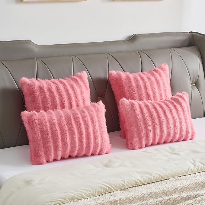 FUTEI Blush Pink Decorative Throw Pillow Covers 18x18 Inch Set of 2,Soft Fluffy Faux Mink Fur Dyeing Striped Textured Cushion Case,Modern Home Decor for Couch Bed Living Room
