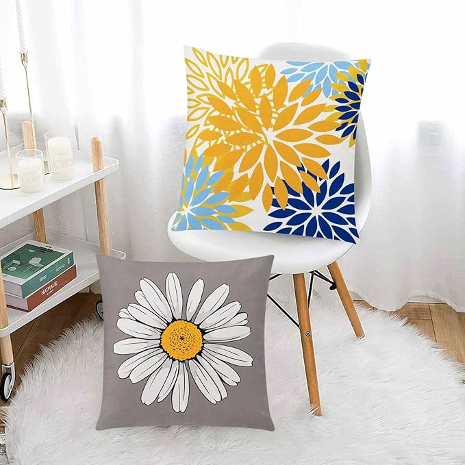 COMMINY Yellow Blue Pillow Covers 18x18 Set of 6, Daisy Flower Throw Pillow Cover Case Rustic Square Cushion Cover for Sofa Bedroom Living Room Farmhouse Home Decor