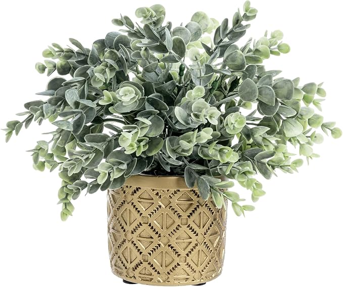 MyGift Artificial Eucalyptus Plant in Modern Gray Concrete Pots with Geometric Embossed Pattern (1, Gold)