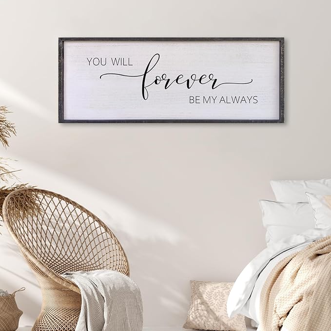 Surfapans You Will Forever Be My Always Sign Wall Decor 40”X15” Bedroom Above Bed Farmhouse Large Master Room Soild Wooden Framed Home Rustic Guest Room Minimalist Over Bed Hanging Art Wall (Black)