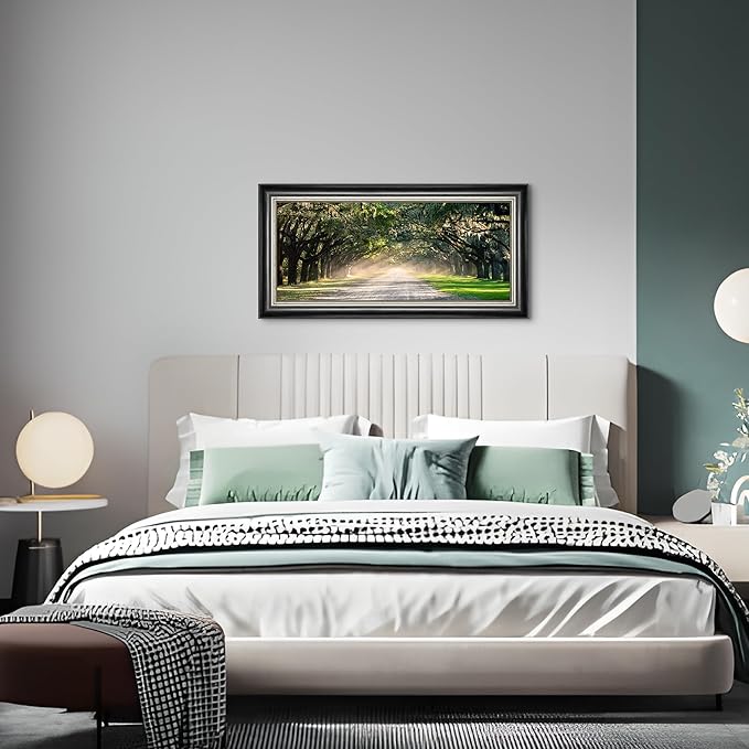 Oak Tree Canvas Wall Art: Framed Green Forest Path Painting Nature Park Landscape Artwork for Living Room