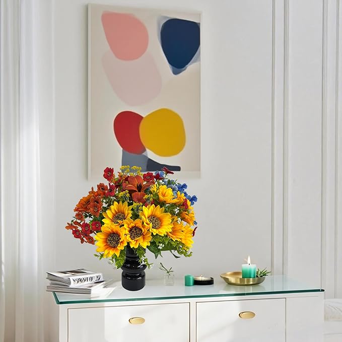 Fake Flowers with Vase, Sunflowers Artificial Flowers, Faux Flowers in Vase for Centerpiece Table Decorations, Fall Fake Plant Silk floral arrangements for Home Coffee Kitchen Dining Table Decor