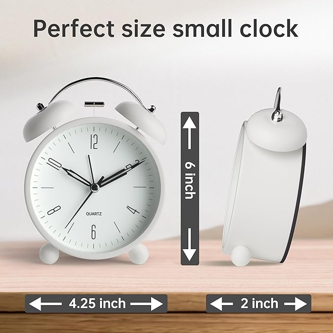 Twin Bell Loud Alarm Analog Alarm Clock, 4 inch Super Silent Non Ticking Small Clock with Night Light, Battery Operated, Simple Design, Old Fashioned, for Heavy Sleeper, Bedroom, Bedside, Desk, White