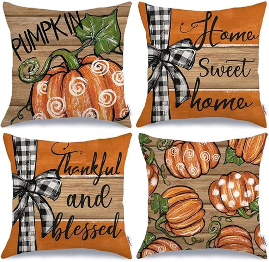 GEEORY Fall Pillow Covers 18x18 Inch Set of 4, Pumpkin Thankful and Blessed Striped Fall Pillows Decorative Throw Pillow Autumn Farmhouse Cushion Cases for Home Decoration