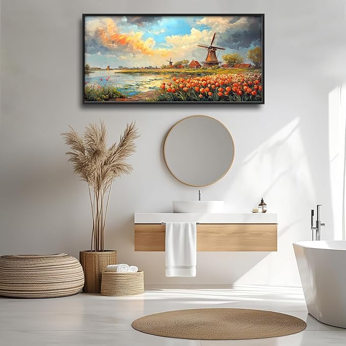 Windmill Framed Wall Art for Living Room, Large Tulips Canvas Wall Decor, Vintage Florals Pictures Painting, Farmhouse Artwork for Bathroom Bedroom 60L'' × 30W''
