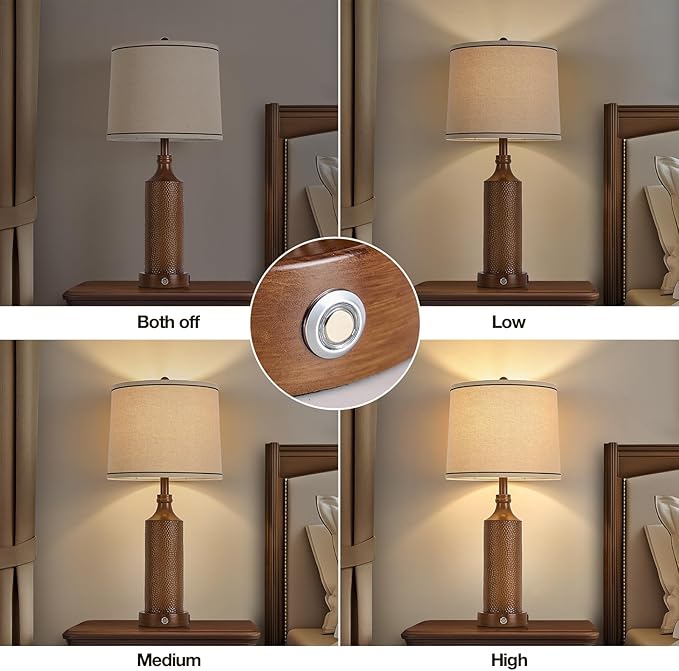 AIDENOEY 27.5" H 3-Way Dimmable Touch Control Table Lamp with USB A+C Ports, Vintage Walnut Finish Resin Bedside Farmhouse Table Lamp Set of 2,for Living Room,Bedroom,Office