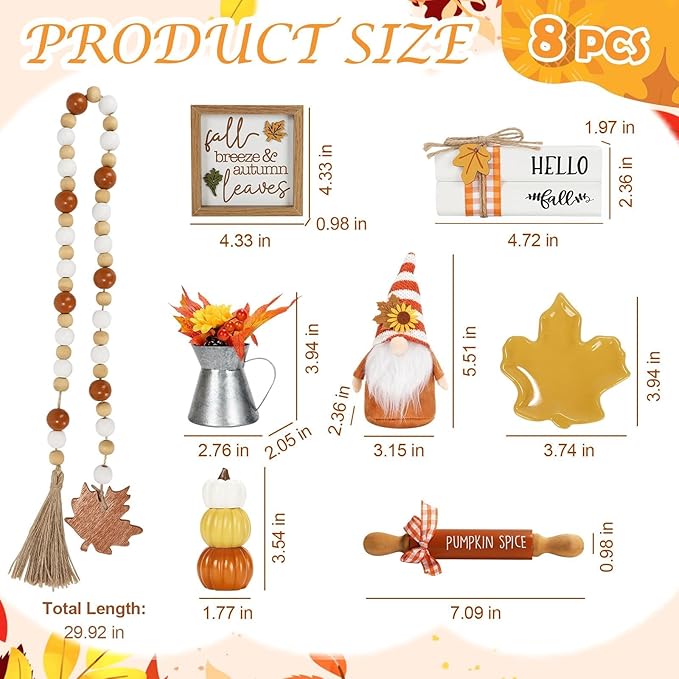 Fall Decorations for Home 8PCS Tiered Tray Decor Set, Tabletop Fall Decor for Tray Shelf Mantel Fire Place Office Desk Kitchen Thanksgiving Autumn Table Centerpieces Pumpkin Farmhouse Wood Sign