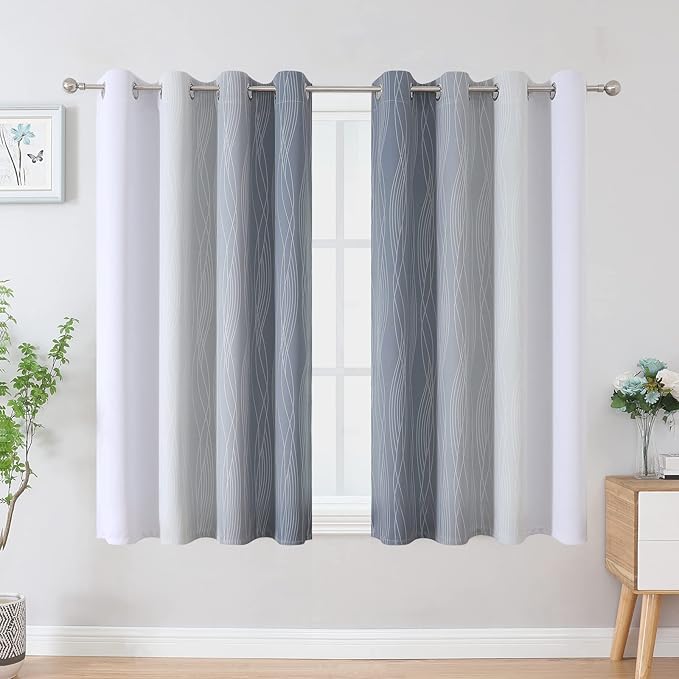 Estelar Textiler Grayish White and Grey Blackout Curtains for Living Room, Ombre Thermal Insulated Noise Reducing Blackout Drapes for Bedroom, Full Room Darkening Grommet Curtains, 52Wx45L, 2 Panels