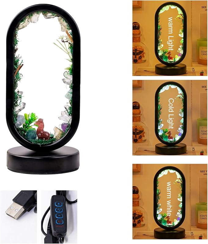 Runyangshi Natural Crystal Night Light LED Bedroom Living Room Night Lamp Oval Quartz Lamp USB Power Bionic Botanical Forest Style Tri-Color Adjustable Ambient Lighting Home Decoration Christmas Gift