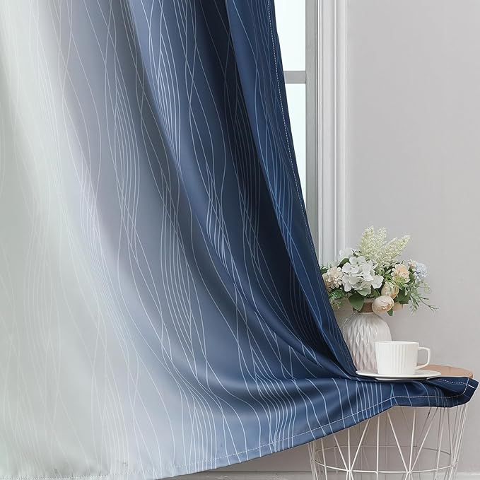Estelar Textiler Navy Blue and Sage Green Ombre Blackout Curtains 63 Inches Long 2 Panels, Full Room Darkening Grommet Curtains for Bedroom, Thermal Insulated Light Blocking Gradient Drapes, 42Wx63L