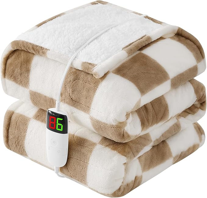 Light Brown Heated Throw Blanket Electric, 50X60 Heating Blanket with 10 Heat Levels & 8 Hours Auto Off for Lap, Checkered Plaid Soft Sherpa Blankets Warmer Gifts for Couch Grandma Women Adults, ETL