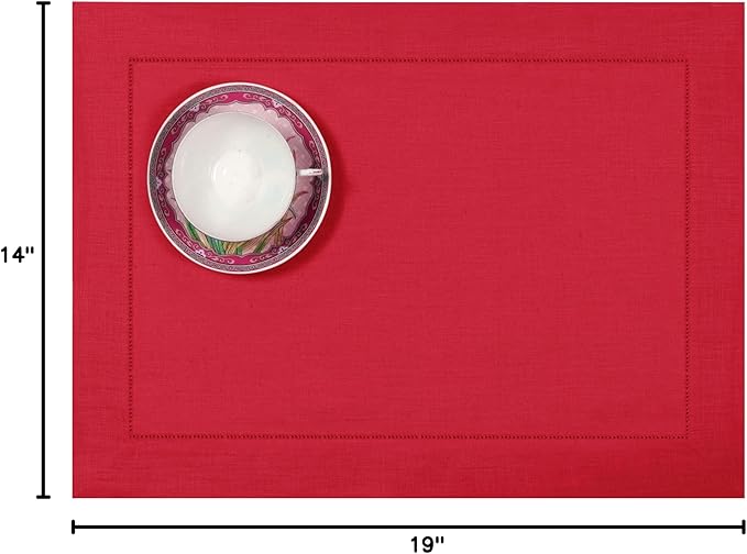 D'Moksha Homes Linen Placemats Set of 4 - Classic Hemstitch Bright Red Placemats 14 x 19 Inch - 100% Pure Linen Table Mats for Fall, Autumn and Halloween - Handcrafted and Machine Washable