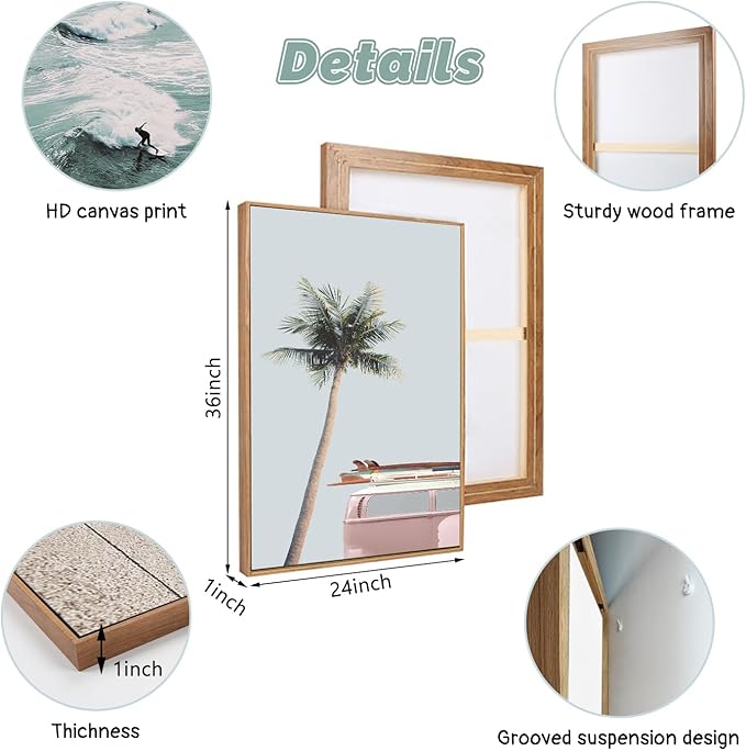 CHDITB Ocean Beach Framed Canvas Wall Art Set, Coastal Surfboard Wall Decor,Summer Coconut Tree Sea Wall Painting, Modern Surfing Art Prints for Living Room, Bedroom, Office- Large Size 24"x36"x3