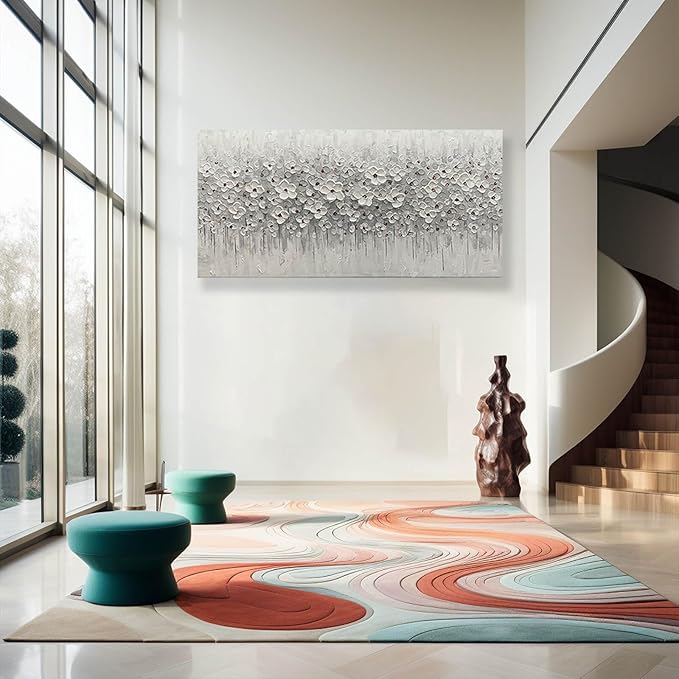 Large Canvas Wall Art for Living Room White Flowers Picture Hand-Painted Oil Painting Framed Artwork Modern Gallery Plant Decor Wall Decorations for Bedroom Bathroom Size 60x30 inch Ready to Hang