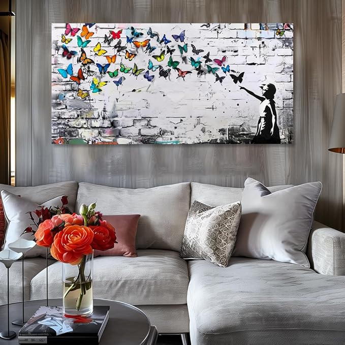 Colorful Graffiti Wall Art Funny Butterfly Paintings Banksy Street Art Mural Pop Art Home Office Wall Decor Framed Canvas Wall Decor for Living Room Ready to Hang - 48x24in