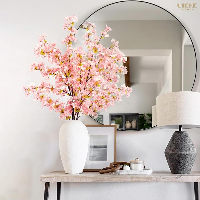Uieke Silk Cherry Blossom Branches, 39.3in Artificial Cherry Blossom Tree Stems, Fake Plum Blossom Flowers Arrangement for Wedding Home Japanese Decor, Set of 3, Pink