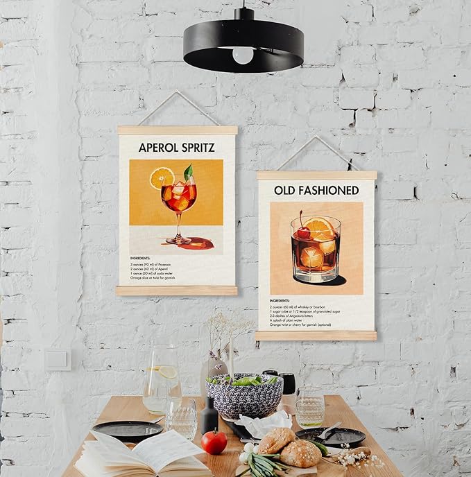 Yomisex Aperol Spritz Old Fashioned Cocktail Wall Art Poster, Vintage Italian American Cocktail Canvas Prints Wall Art Framed for Home Kitchen Bar Pub Decor, 12x16 Inch Set of 2