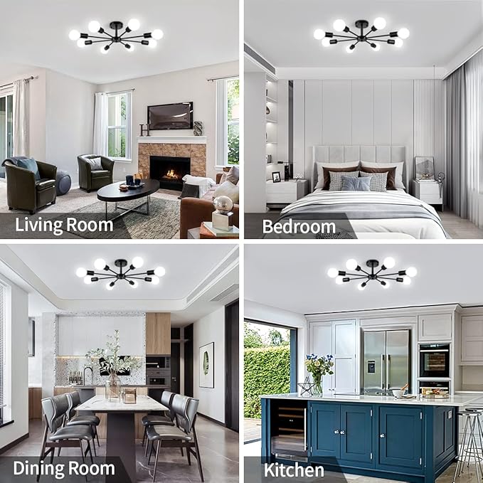23.62'' Semi Flush Mount Ceiling Light, 8-Lights Modern Chandelier Black Living Room Light, Sputnik Light Fixtures Chandelier for Bedroom Kitchen Study Office