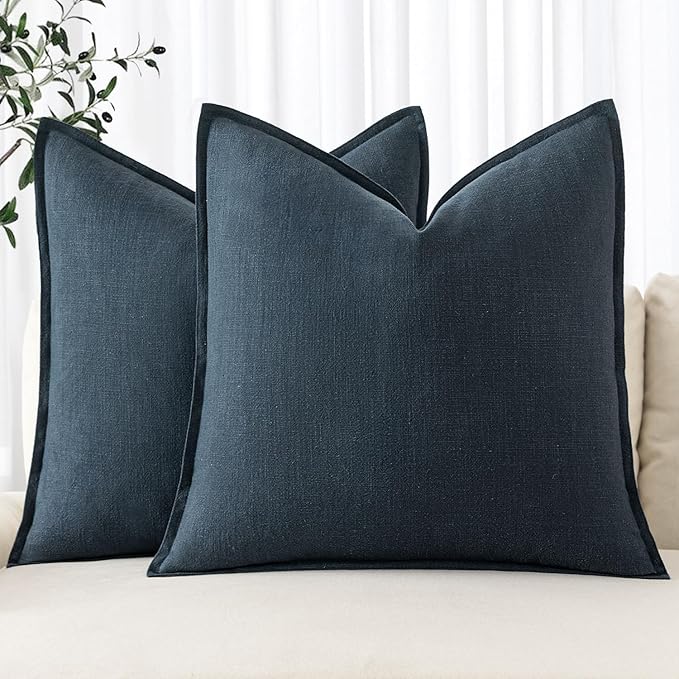MIULEE Decorative Linen Euro Sham Pillow Covers 26x26 Navy Blue Boho Farmhouse Neutral Couch Throw Pillows for Bed Pack of 2 Accent Coastal Modern Pillowcase Summer Sofa Livingroom Home Decor