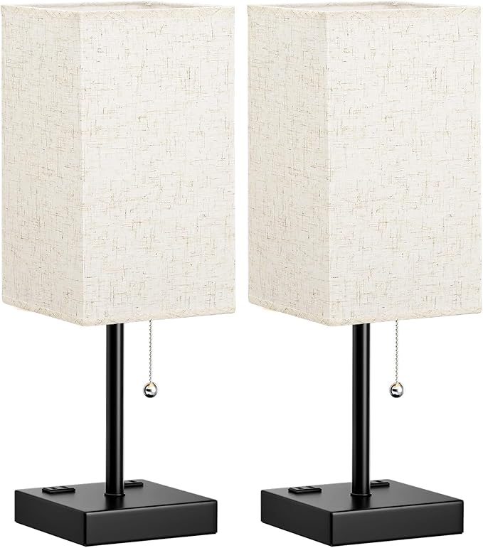 Table Lamps for Bedroom Set of 2 Nightstand - 17.4In Tall, 3 Color Bedside Lamps with AC Outlets and USB A & C for Charging, Square Night Stand light Lamp, End Table Lamp for Living Room/Dorm/Office