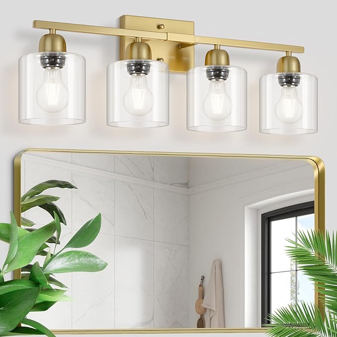 4 Light Gold Light Fixture Bathroom, Brushed Gold Vanity Light with Clear Glass, Lights for Bathroom Mirror for Mirror Living Room Bedroom Hallway E26 Base
