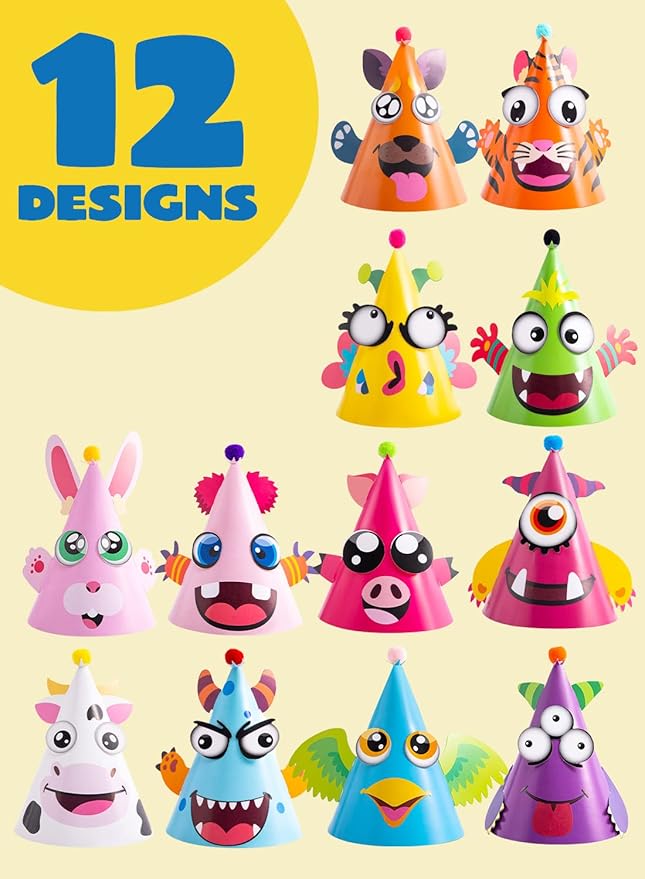 JOYIN 12 Sets Party Hats for Kids Birthday Party Games Craft Activities, Cute Animal Theme Birthday Hats Activity Kits with Stickers for Kids Holiday Theme Party Favors Easter Decoration