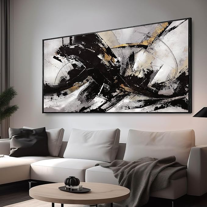 Black Wall Art Abstract Wall Decor for Living Room Framed Wall Art Canvas Art Grunge Artwork Large Office Pictures for Men 24”x48”