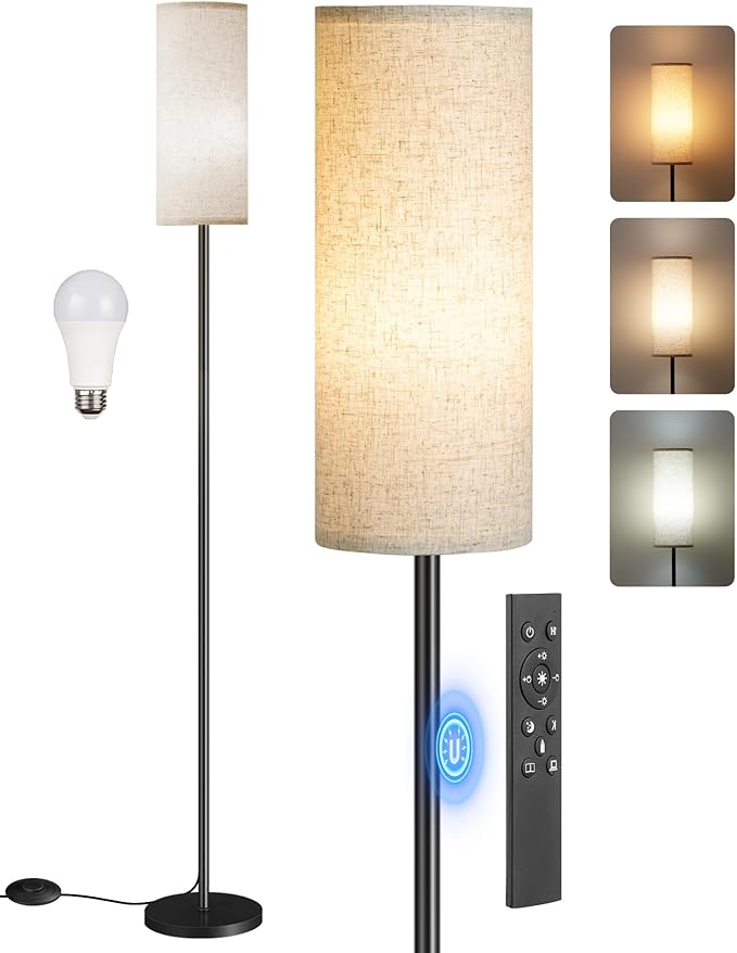 2 Pack Dimmable Floor Lamps for Living Room with 2 Remotes and Foot Switch, Corner Floor Lamp, Standing Tall Lamp, 10W 900LM LED Bulb Included, 3000K-6500K, Linen Shade, FCC Listed E06LDP205W1