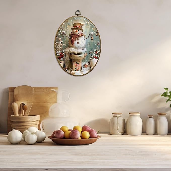 CUANFDDSF Vintage Christmas Snowman Bathroom Oval Wall Art Decor, Funny Winter Xmas Snowman on Toilet Wall Hanging Decor, Christmas Framed Canvas Prints for Bathroom Toilet Washroom, 8.6x11.4 Inch