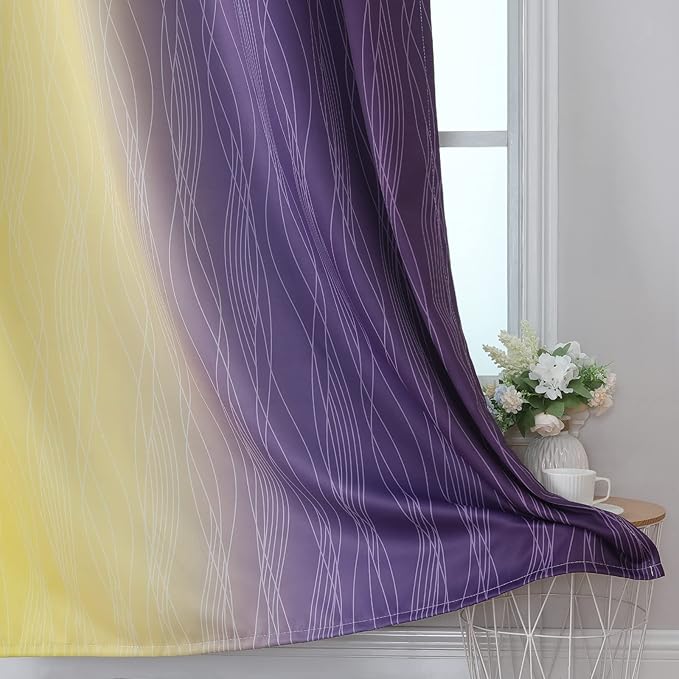 Estelar Textiler Yellow and Purple Ombre Blackout Curtains 45 Inch Length 2 Panels, Full Room Darkening Gradient Drapes for Kitchen, Thermal Insulated Grommet Short Curtains for Bathroom,52Wx45L