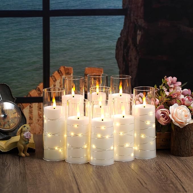 Flameless LED Candles with Timer 9 Pc Flickering Flameless Candles for Romantic Ambiance and Home Decoration Stable Acrylic Shell,with Embedded Star String,Battery Operated Candles(White)