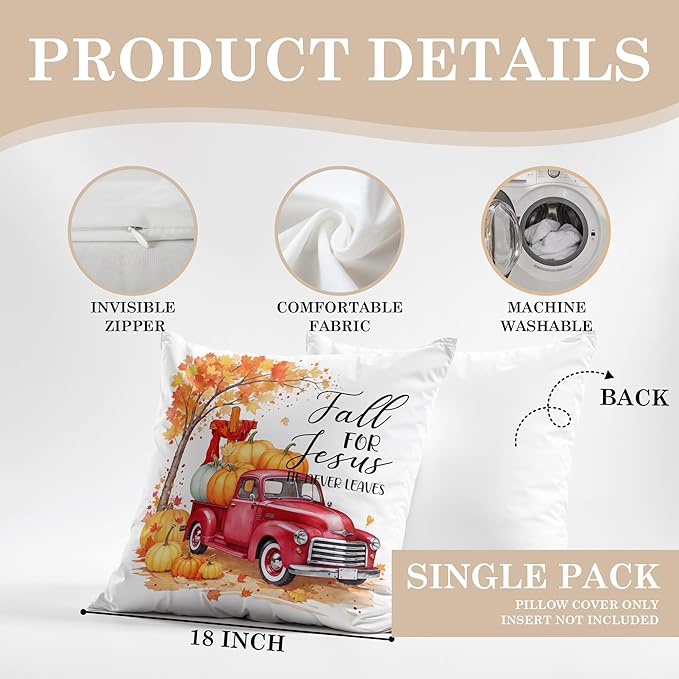 Christian Fall Pillow Covers 18x18, Farmhouse Autumn Decor, Fall for Jesus He Never Leaves Autumn Maple Leaf Pumpkin Pickup Truck Decorative Throw Pillow Covers for Home Bedroom Living Room