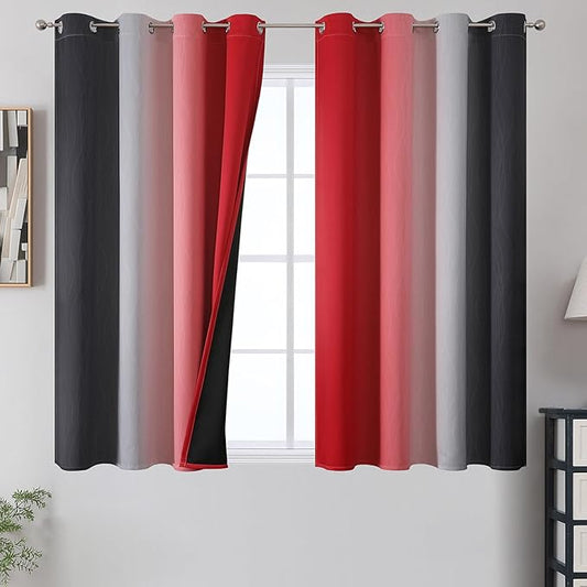 Estelar Textiler Ombre Red and Black Curtains 54 Inch Length 2 Panels, 100% Blackout Curtains for Living Room, Grommet Thermal Insulated Drapes, Full Light Blocking Curtains for Bedroom, 52x54 Inch