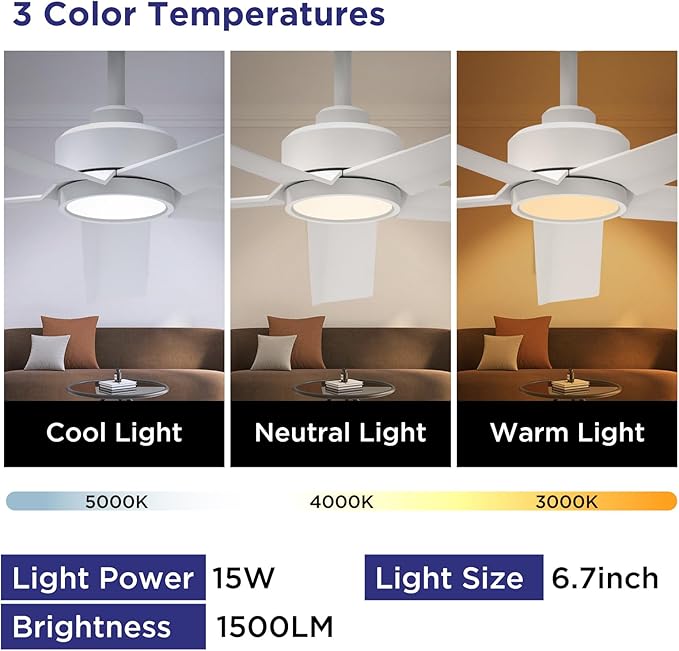 ocioc 2 Pack 52 inch Ceiling Fans with Lights and Remote Control, Ultra Quiet DC Motor, 3 Color Temperatures Modern Ceiling Fan for Bedroom Patio Indoor Covered Outdoor White