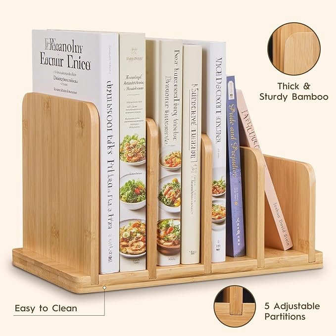Cook Book Organizer,Bamboo Cookbook Stand for Kitchen Counter with 4-Slot,Sturdy Recipe Book Holder Stand for Convenient Cookbook Storage