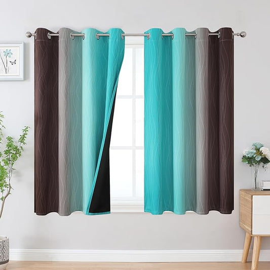 Estelar Textiler Brown and Teal Blackout Curtains 45 Inch Length, Light Blocking Gradient Drapes for Kitchen, Thermal Insulated Grommet Ombre Curtains for Bathroom,52Wx45L,2 Panels