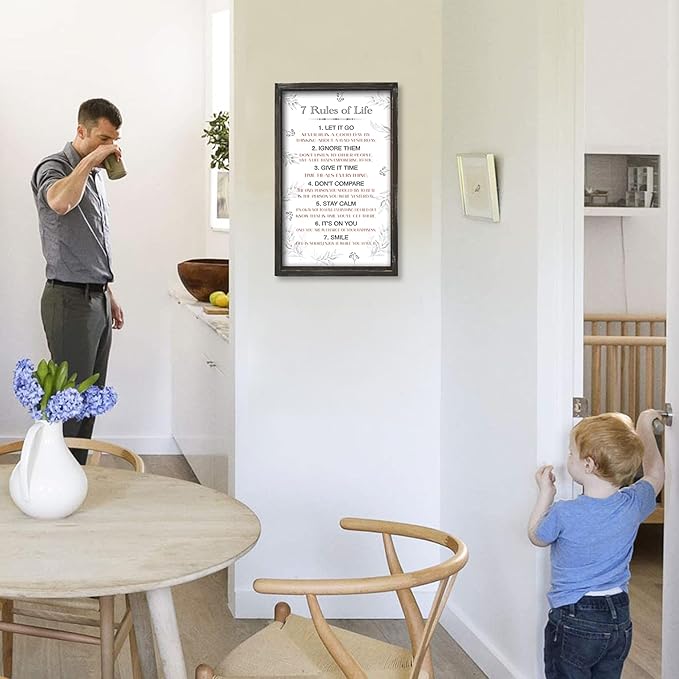 Positive 7 Rules of Life Wall Decor Sign - Affirmation Inspirational Life Attitude Plaque in Solid Wood 16x9.5 Inches Vertical - Motivational Framed Signs for Living Room