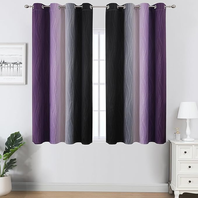 Estelar Textiler Black and Purple Ombre Blackout Curtains 54 Inch Length 2 Panels, Full Room Darkening Gradient Drapes for Kitchen, Thermal Insulated Grommet Short Curtains for Bedroom,52Wx54L