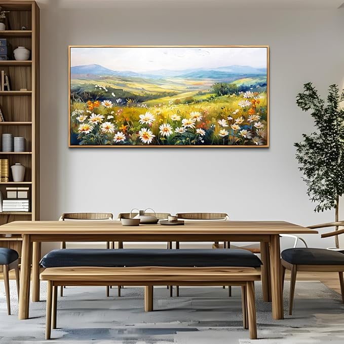 ZUITINGHUA Large Wood Framed Wall Decor For Living Room Canvas Wall Art For Office Modern Wall Decorations For Bedroom Pastoral Scenery Painting Flower Pictures Artwork Room Home Decor 24x48 In