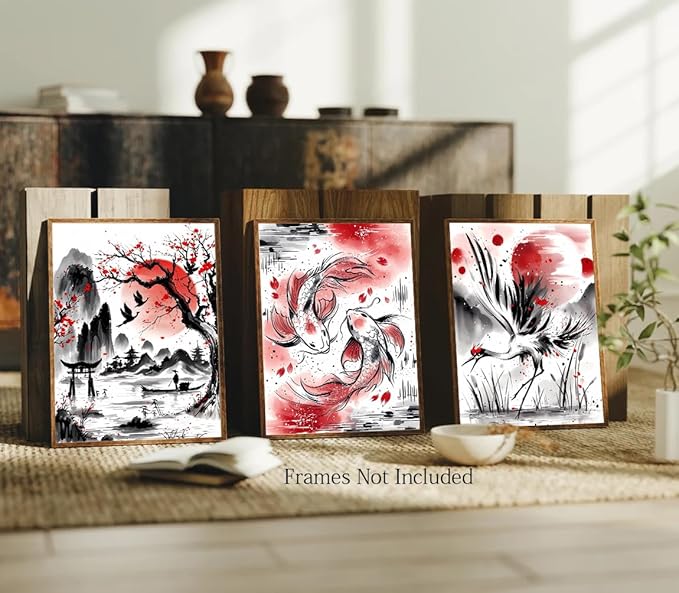Japanese Wall Art Prints,Japanese Ink Art,Nature Watercolour Art Koi Landscape Canvas Painting Black and Red Posters Prints Pictures for Living Room Home Decor Set of 4("8x10"Unframed)
